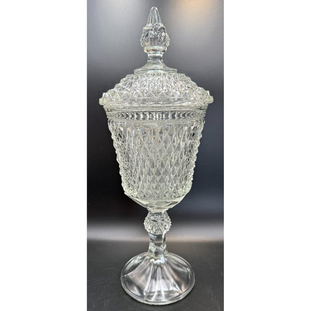 Vtg Indiana Glass 15.75 in Diamond Point Lidded Apothecary Jar Chalice Orig Box - Picture 2 of 8